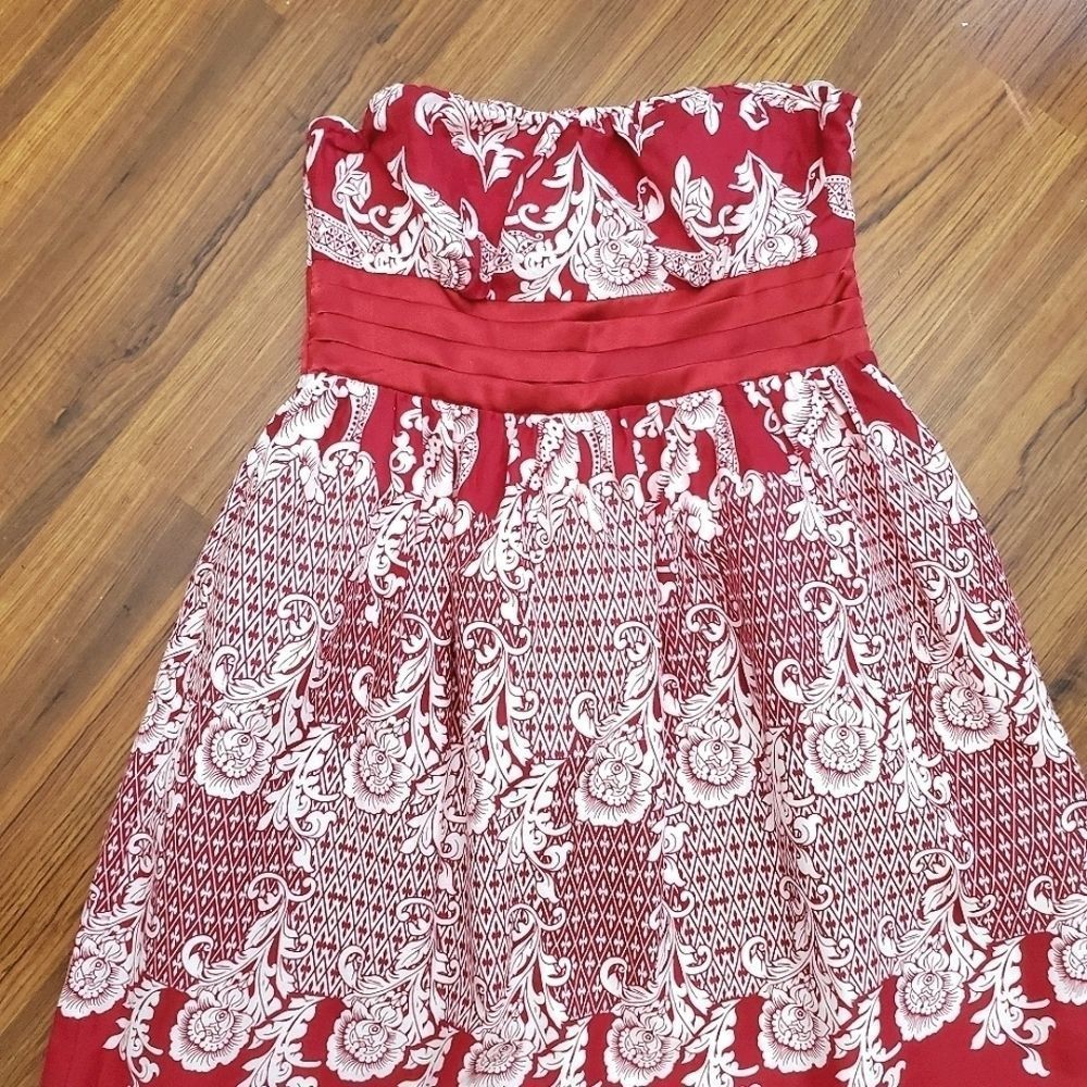 Red and white floral Strapless mini dress